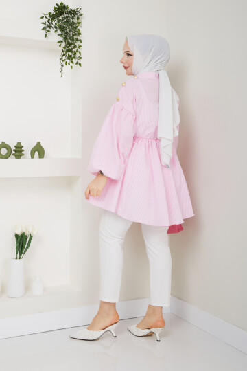 OMUZ DÜĞMELİ ÇİZGİLİ TUNİK-PEMBE