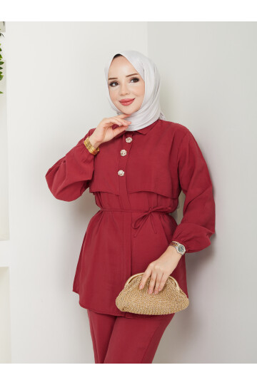 BOLEROLU GOLD DÜĞMELİ TAKIM-BORDO