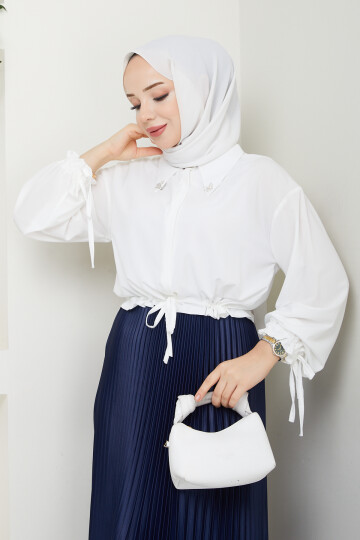 KELEBEK BROŞLU CROP BLUZ-BEYAZ
