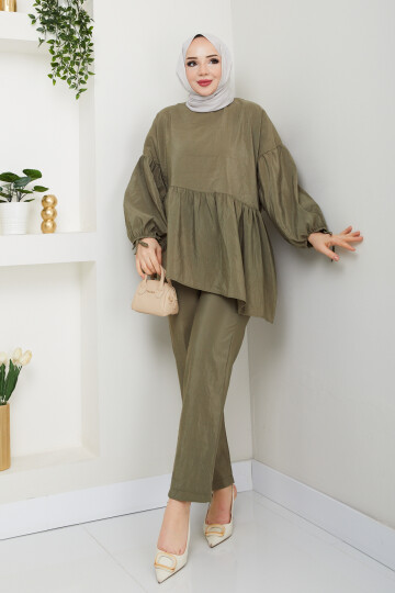 PALMİYE FIRFIRLI BLUZ PANT TAKIM - HAKİ
