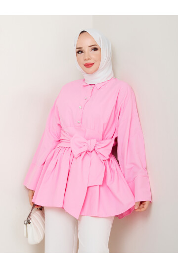 TAŞ DÜĞMELİ BAĞLAMA DETAY GÖMLEK-PEMBE