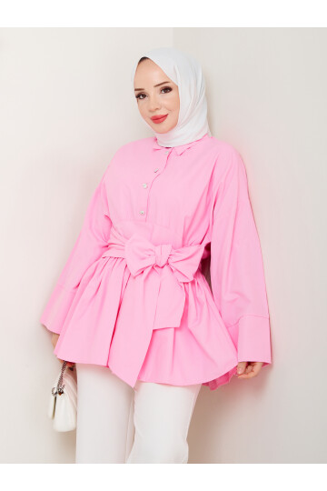 TAŞ DÜĞMELİ BAĞLAMA DETAY GÖMLEK-PEMBE