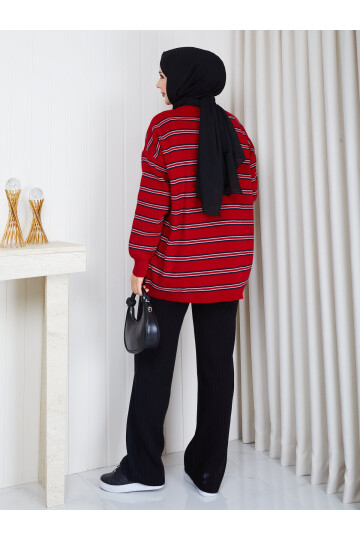 0303 Çizgili Oversize Triko Kazak – Kırmızı