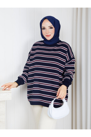 0304 Çizgili Oversize Triko Kazak – Lacivert