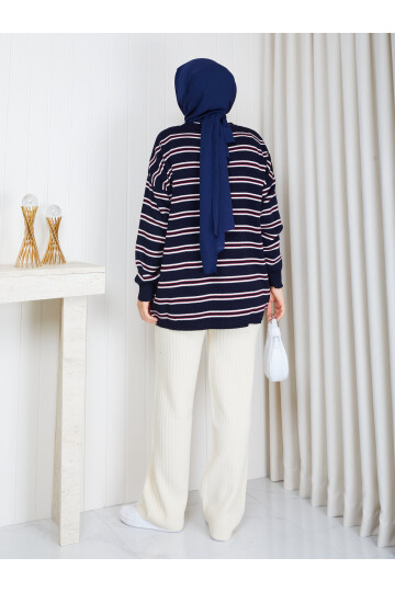 0304 Çizgili Oversize Triko Kazak – Lacivert