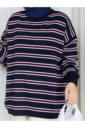 0304 Çizgili Oversize Triko Kazak – Lacivert