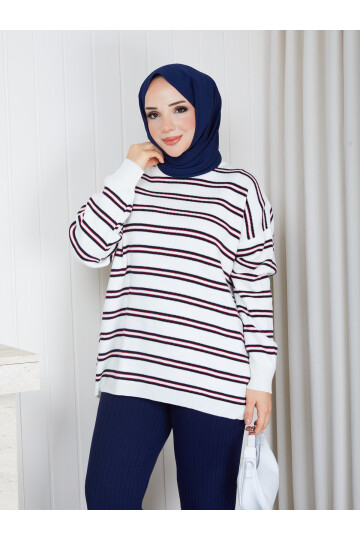 0305 Çizgili Oversize Triko Kazak –Beyaz