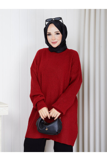 0901 Oversize Bisiklet Yaka Uzun Triko Kazak-Kırmızı