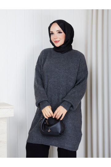 0902 Oversize Bisiklet Yaka Uzun Triko Kazak-Füme