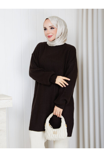 0903 Oversize Bisiklet Yaka Uzun Triko Kazak-Acıkahve