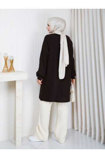 0903 Oversize Bisiklet Yaka Uzun Triko Kazak-Acıkahve