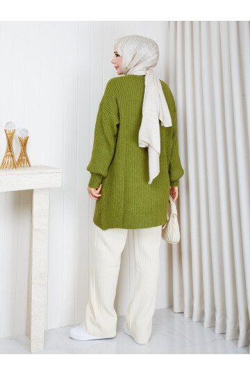 0904 Oversize Bisiklet Yaka Uzun Triko Kazak-Yağ yeşili