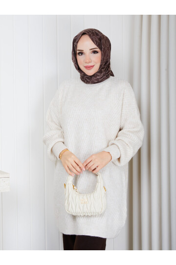 0905 Oversize Bisiklet Yaka Uzun Triko Kazak-Krem