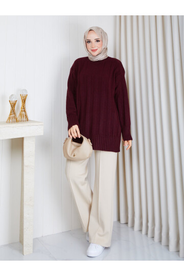 0953 Kalın Fitilli Bisiklet Yaka Triko Tunik -Bordo