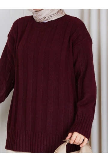 0953 Kalın Fitilli Bisiklet Yaka Triko Tunik -Bordo