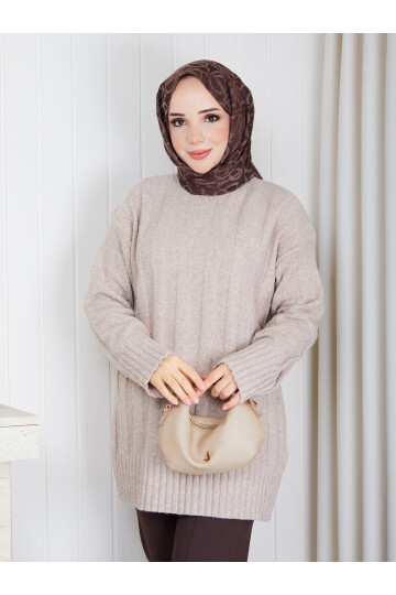 0953 Kalın Fitilli Bisiklet Yaka Triko Tunik – Taş