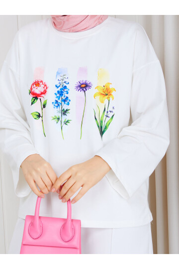 1011 Çiçek Baskılı Oversize Sweatshirt – Beyaz