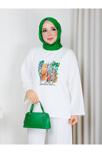 1012 Santa Holic Baskılı İki İplik Oversize Sweatshirt – Beyaz