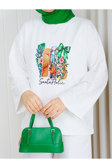 1012 Santa Holic Baskılı İki İplik Oversize Sweatshirt – Beyaz