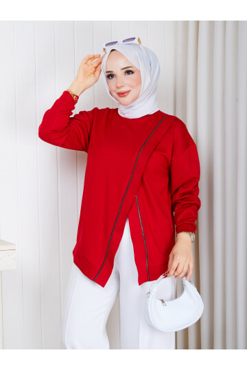 1112 Fermuar Detaylı Oversize Oysho sweat-Kırmızı