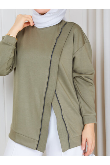 1116 Fermuar Detaylı Oversize Oysho Sweat-Haki