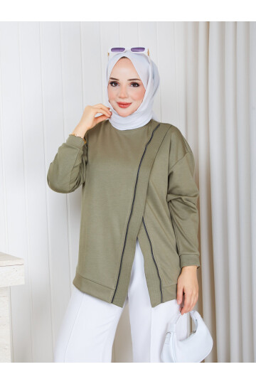 1116 Fermuar Detaylı Oversize Oysho Sweat-Haki