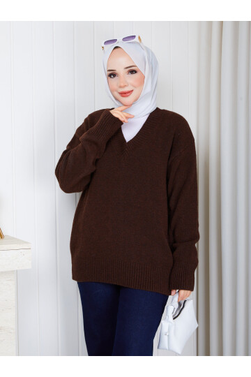 1230 V Yaka Basic Triko Kazak – Çikolata Kahve