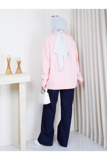 1234 V Yaka Basic Triko Kazak – Pudra Pembe