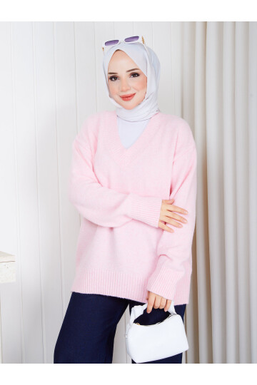 1234 V Yaka Basic Triko Kazak – Pudra Pembe