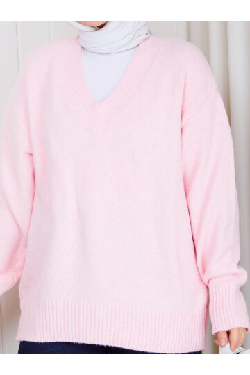 1234 V Yaka Basic Triko Kazak – Pudra Pembe