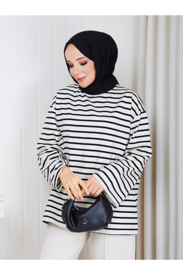 1301 Çizgili Oversize Basic Sweatshirt – Ekru/Siyah