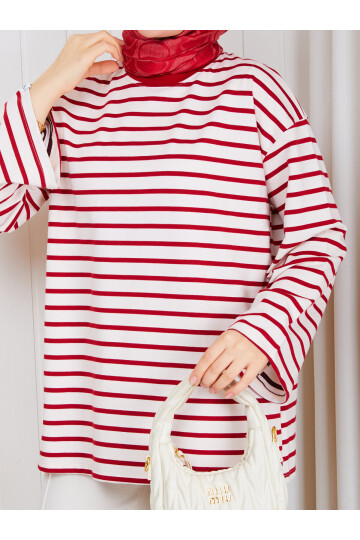 1302 Kırmızı Çizgili Oversize İki İplik Penye Sweatshirt