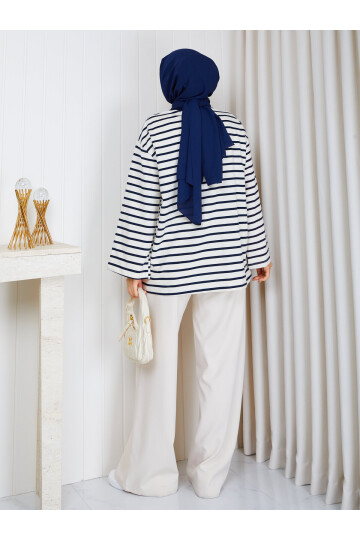1303 Lacivert Çizgili Oversize İki İplik Penye Sweatshirt