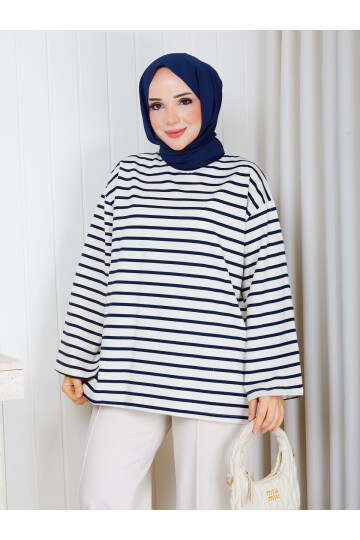 1303 Lacivert Çizgili Oversize İki İplik Penye Sweatshirt