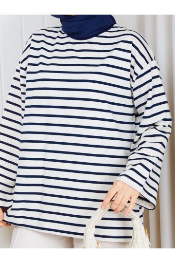 1303 Lacivert Çizgili Oversize İki İplik Penye Sweatshirt