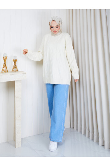 1325 Saç Örgü Desenli Oversize Triko Kazak – Ekru