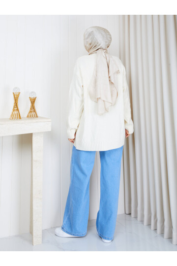 1325 Saç Örgü Desenli Oversize Triko Kazak – Ekru