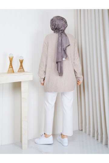 1327 Saç Örgü Desenli Oversize Triko Kazak – Taş
