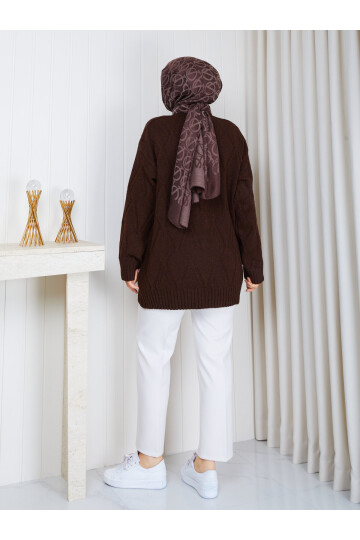 1329 Saç Örgü Desenli Oversize Triko Kazak – Çikolata Kahve