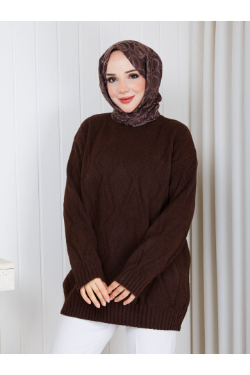 1329 Saç Örgü Desenli Oversize Triko Kazak – Çikolata Kahve