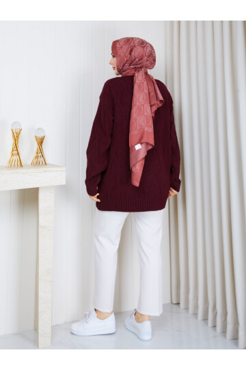 1330 Saç Örgü Desenli Oversize Triko Kazak – Bordo
