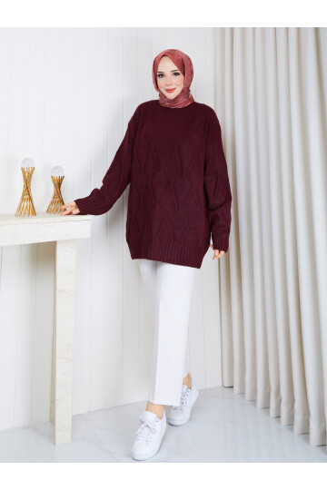 1330 Saç Örgü Desenli Oversize Triko Kazak – Bordo