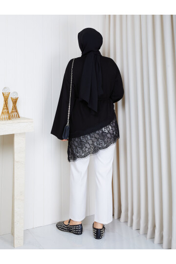 1401 Asimetrik Dantel Detaylı Kuşaklı Sweatshirt-Siyah