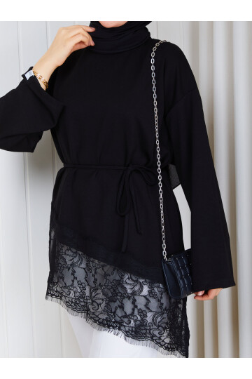1401 Asimetrik Dantel Detaylı Kuşaklı Sweatshirt-Siyah