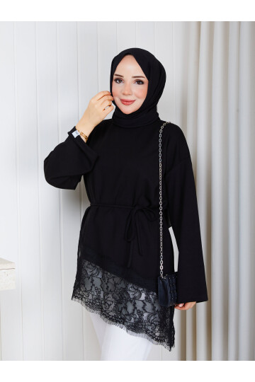 1401 Asimetrik Dantel Detaylı Kuşaklı Sweatshirt-Siyah