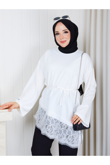 1402 Asimetrik Dantel Detaylı Kuşaklı Sweatshirt-Beyaz