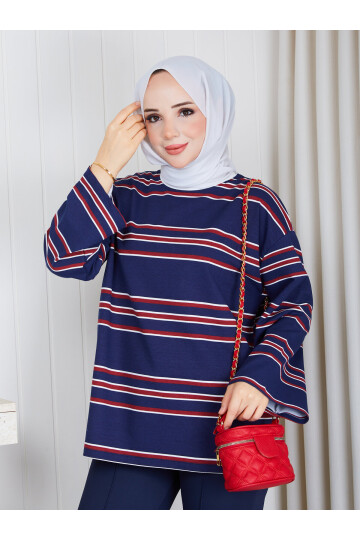 1482 Lacivert Kırmızı Beyaz İnce Çizgili Oversize İki İplik Penye Tunik
