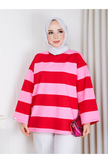 1482 Pembe Kırmızı Çizgili Oversize İki İplik Penye Tunik
