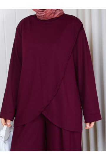 1601 Kruvaze Detaylı Oysho Kumaş Pantolon Takım-Bordo