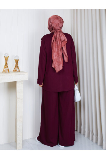 1601 Kruvaze Detaylı Oysho Kumaş Pantolon Takım-Bordo